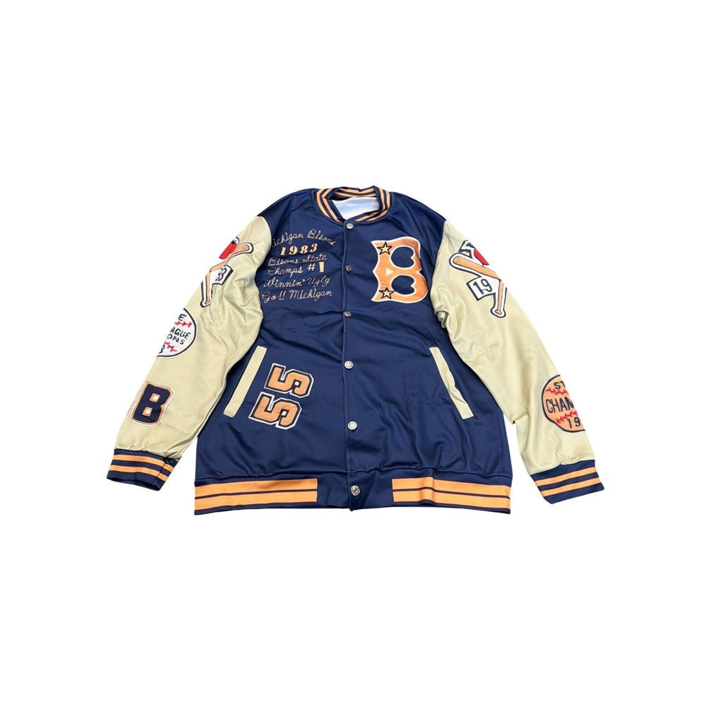 Michigan Bisons 1983 Varsity Jacket Navy Blue Satin Baseball Bomber XL
